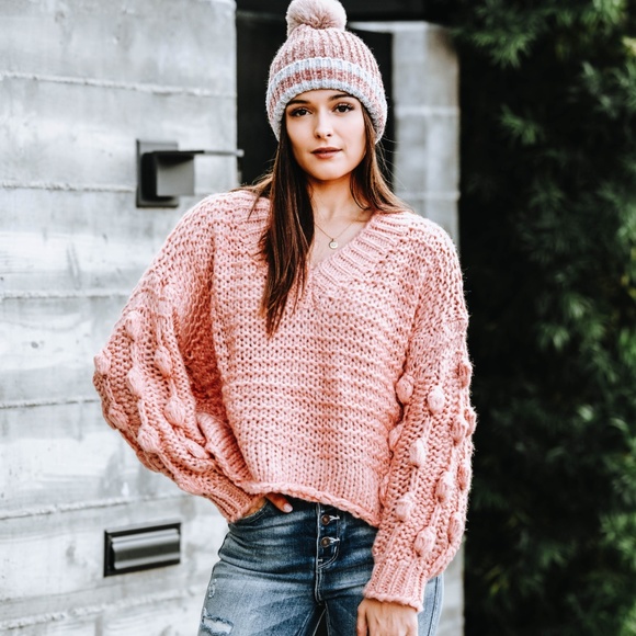 Sweaters - Textured Pom Pom Sleeve Sweater